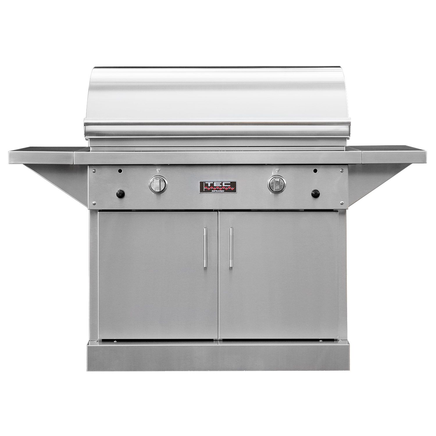 TEC Patio 2 FR Infrared Grill On Stainless Steel Pedestal with Two Side Shelves and Full Warming Rack (PFR2NTCABS-PFR2WR39), Natural Gas