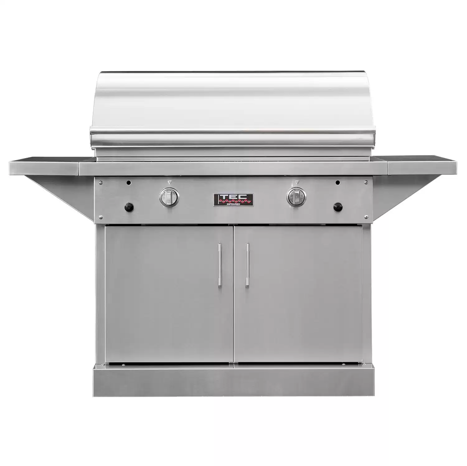 TEC Patio 2 FR Infrared Grill On Stainless Steel Pedestal with Two Side Shelves and Full Warming Rack (PFR2NTCABS-PFR2WR39), Natural Gas