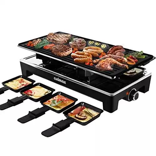 CUSIMAX Raclette Grill Electric Grill Table Portable 2 in 1 Korean BBQ Grill Indoor & Cheese Raclette, Reversible Non-stick plate, Crepe Maker with Adjustable temperature control and 8 Paddles