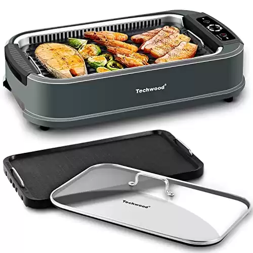 Techwood Indoor Grill Smokeless Grill, 1500W Indoor Korean BBQ Electric Tabletop Grill with Tempered Glass Lid, Removable Grill and Griddle Plates with Drip Tray