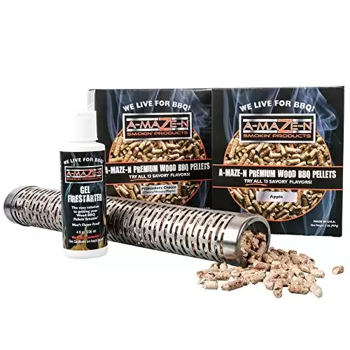 A-Maze-N Combo Pack, 12" Oval Tube Smoker, 2lbs of Apple & Pitmaster Choice BBQ Pellets, Starter Gel