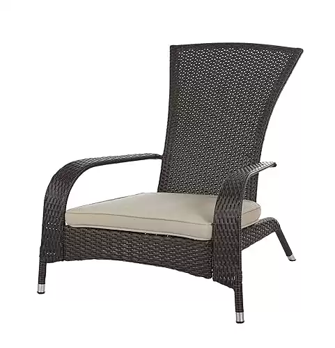 Patio Sense Coconino Wicker Lounge Chair, Mocha All Weather Wicker, Beige Cushion, Adirondack Style Armchair
