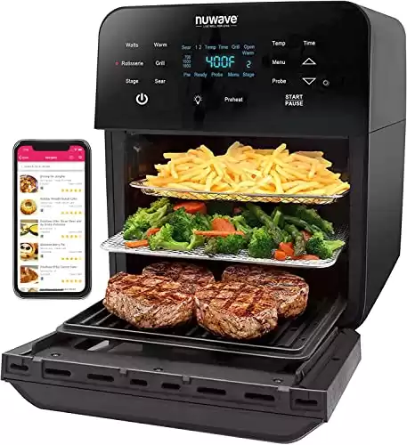 Nuwave Brio 15.5Qt Air Fryer Rotisserie Oven, X-Large Family Size, Powerful 1800W, 4 Rack Positions, 50°-425°F Temp Controls, 100 Presets & 50 Memory, Integrated Smart Thermometer, Linear T Tech...