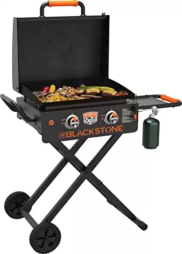 Blackstone 1935 On The Go Scissor-Leg Two Burners Gas Hood, Wheels, Side Shelf Heavy Duty Outdoor Stainless Steel Griddle for Backyard, Patio Camping, 22, Black