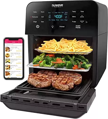 Nuwave Brio 15.5Qt Air Fryer Rotisserie Oven, X-Large Family Size, Powerful 1800W, 4 Rack Positions, 50 -425 F Temp Controls, 100 Presets & 50 Memory, Integrated Smart Thermometer, Linear T Tech.....